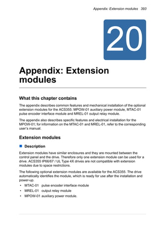Appendix: Extension modules 393
Appendix: Extension
modules
What this chapter contains
The appendix describes common features and mechanical installation of the optional
extension modules for the ACS355: MPOW-01 auxiliary power module, MTAC-01
pulse encoder interface module and MREL-01 output relay module.
The appendix also describes specific features and electrical installation for the
MPOW-01; for information on the MTAC-01 and MREL-01, refer to the corresponding
user’s manual.
Extension modules
Description
Extension modules have similar enclosures and they are mounted between the
control panel and the drive. Therefore only one extension module can be used for a
drive. ACS355 IP66/67 / UL Type 4X drives are not compatible with extension
modules due to space restrictions.
The following optional extension modules are available for the ACS355. The drive
automatically identifies the module, which is ready for use after the installation and
power-up.
• MTAC-01 pulse encoder interface module
• MREL-01 output relay module
• MPOW-01 auxiliary power module.
 