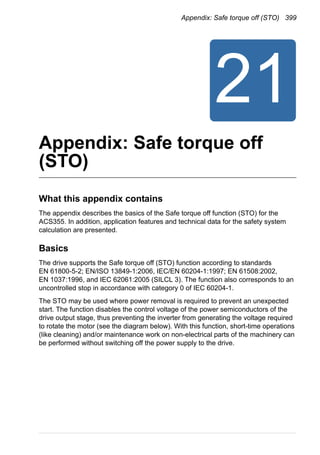 Appendix: Safe torque off (STO) 399
Appendix: Safe torque off
(STO)
What this appendix contains
The appendix describes the basics of the Safe torque off function (STO) for the
ACS355. In addition, application features and technical data for the safety system
calculation are presented.
Basics
The drive supports the Safe torque off (STO) function according to standards
EN 61800-5-2; EN/ISO 13849-1:2006, IEC/EN 60204-1:1997; EN 61508:2002,
EN 1037:1996, and IEC 62061:2005 (SILCL 3). The function also corresponds to an
uncontrolled stop in accordance with category 0 of IEC 60204-1.
The STO may be used where power removal is required to prevent an unexpected
start. The function disables the control voltage of the power semiconductors of the
drive output stage, thus preventing the inverter from generating the voltage required
to rotate the motor (see the diagram below). With this function, short-time operations
(like cleaning) and/or maintenance work on non-electrical parts of the machinery can
be performed without switching off the power supply to the drive.
 
