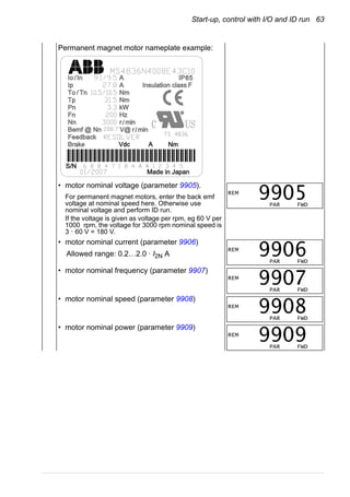 Start-up, control with I/O and ID run 63
Permanent magnet motor nameplate example:
• motor nominal voltage (parameter 9905).
For permanent magnet motors, enter the back emf
voltage at nominal speed here. Otherwise use
nominal voltage and perform ID run.
If the voltage is given as voltage per rpm, eg 60 V per
1000 rpm, the voltage for 3000 rpm nominal speed is
3 · 60 V = 180 V.
• motor nominal current (parameter 9906)
Allowed range: 0.2…2.0 · I2N A
• motor nominal frequency (parameter 9907)
• motor nominal speed (parameter 9908)
• motor nominal power (parameter 9909)
REM
PAR FWD
9905
REM
PAR FWD
9906
REM
PAR FWD
9907
REM
PAR FWD
9908
REM
PAR FWD
9909
 