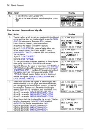 96 Control panels
How to select the monitored signals
6. • To save the new value, press .
• To cancel the new value and keep the original, press
.
Step Action Display
1. You can select which signals are monitored in the Output
mode and how they are displayed with group 34 PANEL
DISPLAY parameters. See page 95 for detailed
instructions on changing parameter values.
By default, the display shows three signals.
Signal 1: 0102 SPEED for macros 3-wire, Alternate,
Motor potentiometer, Hand/Auto and PID control;
0103 OUTPUT FREQ for macros ABB standard and
Torque control
Signal 2: 0104 CURRENT
Signal 3: 0105 TORQUE.
To change the default signals, select up to three signals
from group 01 OPERATING DATA to be shown.
Signal 1: Change the value of parameter 3401 SIGNAL1
PARAM to the index of the signal parameter in group 01
OPERATING DATA (= number of the parameter without
the leading zero), eg 105 means parameter 0105
TORQUE. Value 0 means that no signal is displayed.
Repeat for signals 2 (3408 SIGNAL2 PARAM) and 3
(3415 SIGNAL3 PARAM).
2. Select how you want the signals to be displayed: as a
decimal number or a bar graph. For decimal numbers,
you can specify the decimal point location, or use the
decimal point location and unit of the source signal
(setting 9 [DIRECT]). For details, see parameter 3404.
Signal 1: parameter 3404 OUTPUT1 DSP FORM
Signal 2: parameter 3411 OUTPUT2 DSP FORM
Signal 3: parameter 3418 OUTPUT3 DSP FORM.
3. Select the units to be displayed for the signals. This has
no effect if parameter 3404/3411/3418 is set to 9
(DIRECT). For details, see parameter 3405.
Signal 1: parameter 3405 OUTPUT1 UNIT
Signal 2: parameter 3412 OUTPUT2 UNIT
Signal 3: parameter 3419 OUTPUT3 UNIT.
Step Action Display
SAVE
CANCEL
9901 LANGUAGE
9902 APPLIC MACRO
3-WIRE
9903 MOTOR TYPE
9904 MOTOR CTRL MODE
EXIT EDIT00:00
LOC PARAMETERS
3401 SIGNAL1 PARAM
CANCEL SAVE00:00
LOC
[103]
OUTPUT FREQ
PAR EDIT
3408 SIGNAL2 PARAM
CANCEL SAVE00:00
LOC
[104]
CURRENT
PAR EDIT
3415 SIGNAL3 PARAM
CANCEL SAVE00:00
LOC
[105]
TORQUE
PAR EDIT
3404 OUTPUT1 DSP FORM
CANCEL SAVE00:00
LOC
[9]
DIRECT
PAR EDIT
3405 OUTPUT1 UNIT
CANCEL SAVE00:00
LOC
[3]
Hz
PAR EDIT
 