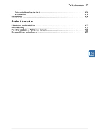 Table of contents 15
Data related to safety standards . . . . . . . . . . . . . . . . . . . . . . . . . . . . . . . . . . . . . . . . . . . 404
Abbreviations . . . . . . . . . . . . . . . . . . . . . . . . . . . . . . . . . . . . . . . . . . . . . . . . . . . . . . . . . 404
Maintenance . . . . . . . . . . . . . . . . . . . . . . . . . . . . . . . . . . . . . . . . . . . . . . . . . . . . . . . . . . . . . 404
Further information
Product and service inquiries . . . . . . . . . . . . . . . . . . . . . . . . . . . . . . . . . . . . . . . . . . . . . . . . 405
Product training . . . . . . . . . . . . . . . . . . . . . . . . . . . . . . . . . . . . . . . . . . . . . . . . . . . . . . . . . . . 405
Providing feedback on ABB Drives manuals . . . . . . . . . . . . . . . . . . . . . . . . . . . . . . . . . . . . . 405
Document library on the Internet . . . . . . . . . . . . . . . . . . . . . . . . . . . . . . . . . . . . . . . . . . . . . . 405
 