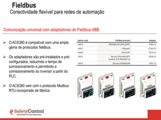 Fieldbus
Conectividade flexível para redes de automação
Comunicação universal com adaptadores de Fieldbus ABB
 O ACS380 é compatível com uma ampla
gama de protocolos fieldbus;
 Os adaptadores são pré-instalados e pré-
configurados, reduzindo o tempo de
comissionamento e permitindo o
comissionamento do inversor a partir do
PLC;
 O ACS380 vem com o protocolo Modbus
RTU incorporado de fábrica.
 
