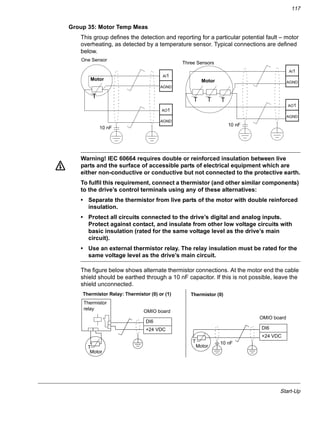 Start-Up
117
Group 35: Motor Temp Meas
This group defines the detection and reporting for a particular potential fault – motor
overheating, as detected by a temperature sensor. Typical connections are defined
below.
Warning! IEC 60664 requires double or reinforced insulation between live
parts and the surface of accessible parts of electrical equipment which are
either non-conductive or conductive but not connected to the protective earth.
To fulfil this requirement, connect a thermistor (and other similar components)
to the drive’s control terminals using any of these alternatives:
• Separate the thermistor from live parts of the motor with double reinforced
insulation.
• Protect all circuits connected to the drive’s digital and analog inputs.
Protect against contact, and insulate from other low voltage circuits with
basic insulation (rated for the same voltage level as the drive’s main
circuit).
• Use an external thermistor relay. The relay insulation must be rated for the
same voltage level as the drive’s main circuit.
The figure below shows alternate thermistor connections. At the motor end the cable
shield should be earthed through a 10 nF capacitor. If this is not possible, leave the
shield unconnected.
Motor
T
10 nF
Motor
TTT
One Sensor
Three Sensors
10 nF
AI1
AGND
AO1
AGND
AI1
AGND
AO1
AGND
Motor
T 10 nF
Motor
T
Thermistor
relay
OMIO board
DI6
+24 VDC
Thermistor Relay: Thermistor (0) or (1) Thermistor (0)
OMIO board
DI6
+24 VDC
 