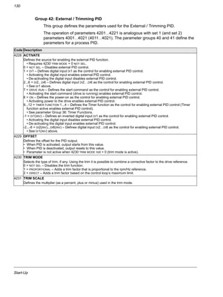 Start-Up
130
Group 42: External / Trimming PID
This group defines the parameters used for the External / Trimming PID.
The operation of parameters 4201…4221 is analogous with set 1 (and set 2)
parameters 4001…4021 (4011…4021). The parameter groups 40 and 41 define the
parameters for a process PID.
Code Description
4228 ACTIVATE
Defines the source for enabling the external PID function.
• Requires 4230 TRIM MODE = 0 NOT SEL.
0 = NOT SEL – Disables external PID control.
1 = DI1 – Defines digital input DI1 as the control for enabling external PID control.
• Activating the digital input enables external PID control.
• De-activating the digital input disables external PID control.
2...6 = DI2...DI6 – Defines digital input DI2…DI6 as the control for enabling external PID control.
• See DI1 above.
7 = DRIVE RUN – Defines the start command as the control for enabling external PID control.
• Activating the start command (drive is running) enables external PID control.
8 = ON – Defines the power-on as the control for enabling external PID control.
• Activating power to the drive enables external PID control.
9...12 = TIMER FUNCTION 1...4 – Defines the Timer function as the control for enabling external PID control (Timer
function active enables external PID control).
• See parameter Group 36: Timer Functions.
-1 = DI1(INV) – Defines an inverted digital input DI1 as the control for enabling external PID control.
• Activating the digital input disables external PID control.
• De-activating the digital input enables external PID control.
-2...-6 = DI2(INV)...DI6(INV) – Defines digital input DI2…DI6 as the control for enabling external PID control.
• See DI1(INV) above.
4229 OFFSET
Defines the offset for the PID output.
• When PID is activated, output starts from this value.
• When PID is deactivated, output resets to this value.
• Parameter is not active when 4230 TRIM MODE not = 0 (trim mode is active).
4230 TRIM MODE
Selects the type of trim, if any. Using the trim it is possible to combine a corrective factor to the drive reference.
0 = NOT SEL – Disables the trim function.
1 = PROPORTIONAL – Adds a trim factor that is proportional to the rpm/Hz reference.
2 = DIRECT – Adds a trim factor based on the control loop’s maximum limit.
4231 TRIM SCALE
Defines the multiplier (as a percent, plus or minus) used in the trim mode.
 