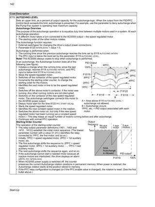 Start-Up
142
8119 AUTOCHNG LEVEL
Sets an upper limit, as a percent of output capacity, for the autochange logic. When the output from the PID/PFC
control block exceeds this limit, autochange is prevented. For example, use this parameter to deny autochange when
the Pump-Fan system is operating near maximum capacity.
Autochange Overview
The purpose of the autochange operation is to equalize duty time between multiple motors used in a system. At each
autochange operation:
• A different motor takes a turn connected to the ACS550 output – the speed regulated motor.
• The starting order of the other motors rotates.
The Autochange function requires:
• External switchgear for changing the drive’s output power connections.
• Parameter 8120 INTERLOCKS = value > 0.
Autochange is performed when:
• The running time since the previous autochange reaches the time set by 8118 AUTOCHNG INTERV
• The PFC input is below the level set by this parameter, 8119 AUTOCHNG LEVEL.
Note! The ACS550 always coasts to stop when autochange is performed.
In an autochange, the Autochange function does all of the
following (see figure):
• Initiates a change when the running time, since the last
autochange, reaches 8118 AUTOCHNG INTERV, and PFC
input is below limit 8119 AUTOCHNG LEVEL.
• Stops the speed regulated motor.
• Switches off the contactor of the speed regulated motor.
• Increments the starting order counter, to change the
starting order for the motors.
• Identifies the next motor in line to be the speed regulated
motor.
• Switches off the above motor’s contactor, if the motor was
running. Any other running motors are not interrupted.
• Switches on the contactor of the new speed regulated
motor. The autochange switchgear connects this motor to
the ACS550 power output.
• Delays motor start for the time 8122 PFC START DELAy.
• Starts the speed regulated motor.
• Identifies the next constant speed motor in the rotation.
• Switches the above motor on, but only if the new speed
regulated motor had been running (as a constant speed
motor) – This step keeps an equal number of motors running before and after autochange.
• Continues with normal PFC operation.
Starting Order Counter
The operation of the starting-order counter:
• The relay output parameter definitions (1401…1403 and
1410…1412)) establish the initial motor sequence. (The lowest
parameter number with a value 31 (PFC) identifies the relay
connected to 1PFC, the first motor, and so on.)
• Initially, 1PFC = speed regulated motor, 2PFC = 1st auxiliary
motor, etc.
• The first autochange shifts the sequence to: 2PFC = speed
regulated motor, 3PFC = 1st auxiliary motor, …, 1PFC = last
auxiliary motor.
• The next autochange shifts the sequence again, and so on.
• If the autochange cannot start a needed motor because all
inactive motors are interlocked, the drive displays an alarm
(2015, PFC INTERLOCK).
• When ACS550 power supply is switched off, the counter
preserves the current Autochange rotation positions in permanent memory. When power is restored, the
Autochange rotation starts at the position stored in memory.
• If the PFC relay configuration is changed (or if the PFC enable value is changed), the rotation is reset. (See the first
bullet above.)
Code Description
t
P 8118
B
PID Output
P 8119
100%
P 8118
1PFC
2PFC
3PFC
4PFC
4PFC
2PFC
3PFC
A
P 8122
A = Area above 8119 AUTOCHNG LEVEL –
autochange not allowed.
B = Autochange occurs.
1PFC, etc. = PID output associated with each
motor.
No aux 1 aux
motor
2 aux
motorsmotors
PID output
P 8119 100%
Output
fMAX
Area
frequency
Autochange
is Allowed
 