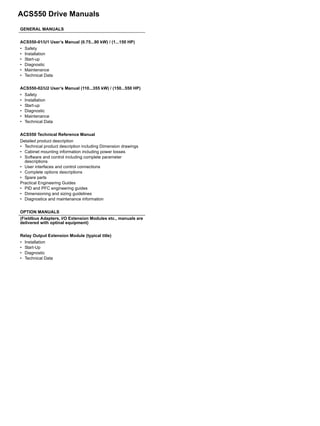 ACS550 Drive Manuals
GENERAL MANUALS
ACS550-01/U1 User’s Manual (0.75...90 kW) / (1...150 HP)
• Safety
• Installation
• Start-up
• Diagnostic
• Maintenance
• Technical Data
ACS550-02/U2 User’s Manual (110...355 kW) / (150...550 HP)
• Safety
• Installation
• Start-up
• Diagnostic
• Maintenance
• Technical Data
ACS550 Technical Reference Manual
Detailed product description
• Technical product description including Dimension drawings
• Cabinet mounting information including power losses
• Software and control including complete parameter
descriptions
• User interfaces and control connections
• Complete options descriptions
• Spare parts
Practical Engineering Guides
• PID and PFC engineering guides
• Dimensioning and sizing guidelines
• Diagnostics and maintenance information
OPTION MANUALS
(Fieldbus Adapters, I/O Extension Modules etc., manuals are
delivered with optinal equipment)
Relay Output Extension Module (typical title)
• Installation
• Start-Up
• Diagnostic
• Technical Data
 