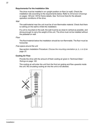 Installation
22
Requirements For the Installation Site
The drive must be installed in an upright position on floor (or wall). Check the
installation site according to the requirements below. Refer to Dimension Drawings
on pages 188 and 189 for frame details. See Technical Data for the allowed
operation conditions of the drive.
Wall
The wall/material near the unit must be of non-flammable material. Check that there
is nothing on the wall to inhibit the installation.
If a unit is mounted on the wall, the wall must be as close to vertical as possible, and
strong enough to carry the weight of the unit. The drive must not be installed without
the pedestal on wall.
Floor
The floor/material below the installation should be non-flammable. The floor must be
horizontal.
Free space around the unit
See section Installation Procedure: Choose the mounting orientation (a, b, c or d) on
page 25.
Cooling Air Flow
Provide the drive with the amount of fresh cooling air given in Technical Data /
Ratings on page 180.
The cooling air will enter the unit from the front air grating and flow upwards inside
the unit. Re circulating cooling air into the unit is not allowed.
 