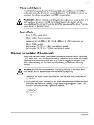 Installation
23
IT (ungrounded) Systems
The ACS550 drive is suitable for IT (ungrounded systems). Disconnect the filter
before connecting the drive to an ungrounded system. For detailed instructions on
how to do this, please contact your local ABB representative.
WARNING! If a drive is installed on an IT system [an ungrounded power system or a
high resistance-grounded (over 30 ohms) power system], the system will be
connected to earth potential through the EMC filter capacitors of the drive. This may
cause danger or damage the unit.
Required Tools
• 3 mm (0.12 in) screw driver
• 10 mm (3/8 in) Torx screw driver
• torque wrench with 500 mm (20 in) or 2 x 250 mm (2 x 10 in) extension bar
• 19 mm (3/4 in) socket
for frame size R7: 13 mm (1/2 in) magnetic end socket
for frame size R8: 17 mm (11/16 in) magnetic end socket.
Checking the Insulation of the Assembly
Every drive has been tested for insulation between the main circuit and the chassis
(2500 V rms 50 Hz for 1 second) at the factory. Therefore, do not make any voltage
tolerance or insulation resistance tests (e.g. hi-pot or megger) on any part of the
drive. When checking the insulation of the assembly, proceed in the following
manner:
WARNING! Check the insulation before connecting the drive to the mains. Make
sure that the drive is disconnected from the mains (input power).
1. Check that the motor cable is disconnected from the drive output terminals U2,
V2 and W2.
2. Measure the insulation resistance of the motor cable and the motor between each
phase and the Protective Earth by using a measuring voltage of 1 kV DC. The
insulation resistance must be higher than 1 Mohm.
PE
ohm
M
 