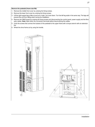 Installation
27
Remove the pedestal (frame size R8):
1. Remove the middle front cover by undoing the fixing screws.
2. Remove the lower front cover by undoing the fixing screws.
3. Lift the right support leg a little up and turn it right. Let it lock down. Turn the left leg aside in the same way. The legs will
prevent the unit from falling down during the installation.
4. Remove the OMIO board by undoing the fixing screws and disconnecting the control panel, power supply and the fibre
optic cables. Note: Mark down the connection terminals before disconnecting the cables.
5. Undo the screws that connect the busbars of the pedestal to the upper frame with a torque wrench with an extension
bar.
6. Wheel the drive frame out by using the handle.
33
4
1
2
 