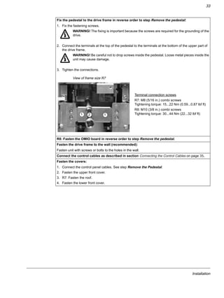 Installation
33
Fix the pedestal to the drive frame in reverse order to step Remove the pedestal:
1. Fix the fastening screws.
WARNING! The fixing is important because the screws are required for the grounding of the
drive.
2. Connect the terminals at the top of the pedestal to the terminals at the bottom of the upper part of
the drive frame.
WARNING! Be careful not to drop screws inside the pedestal. Loose metal pieces inside the
unit may cause damage.
3. Tighten the connections.
R8: Fasten the OMIO board in reverse order to step Remove the pedestal.
Fasten the drive frame to the wall (recommended):
Fasten unit with screws or bolts to the holes in the wall.
Connect the control cables as described in section Connecting the Control Cables on page 35.
Fasten the covers:
1. Connect the control panel cables. See step Remove the Pedestal.
2. Fasten the upper front cover.
3. R7: Fasten the roof.
4. Fasten the lower front cover.
2
Terminal connection screws
R7: M8 (5/16 in.) combi screws
Tightening torque: 15...22 Nm (0.59...0.87 lbf ft)
R8: M10 (3/8 in.) combi screws
Tightening torque: 30...44 Nm (22...32 lbf ft)1 1
View of frame size R7
 