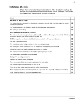 Installation
37
Installation Checklist
Check the mechanical and electrical installation of the drive before start-up. Go
through the checklist below together with another person. Read the Safety on the
first pages of this manual before you work on the unit.
Check
MECHANICAL INSTALLATION
The ambient operating conditions are allowed. See Installation, Technical Data: Ratings on page 180, Ambient
Conditions on page 185.
The unit is fixed properly on floor and a vertical non-flammable wall. See Installation.
The cooling air will flow freely.
ELECTRICAL INSTALLATION See Installation.
The motor and the driven equipment are ready for start. See Installation: Checking the Compatibility of the Motor
on page 6, Technical Data: Motor Connection on page 183.
EMC filter capacitors are disconnected if the drive is connected to an IT (ungrounded) system.
The drive is grounded properly.
The mains (input power) voltage matches the drive nominal input voltage.
The mains (input power) connections at U1, V1 and W1 and their tightening torques are OK.
Appropriate mains (input power) fuses and disconnector are installed.
The motor connections at U2, V2 and W2 and their tightening torques are OK.
The motor cable is routed away from other cables.
Setting of the fan voltage transformer
Setting of the auxiliary voltage transformer.
There are no power factor compensation capacitors in the motor cable.
The external control connections inside the drive are OK.
There are no tools, foreign objects or dust from drilling inside the drive.
Mains (input power) voltage cannot be applied to the output of the drive (especially with bypass connection).
Drive, motor connection box and other covers are in place.
 