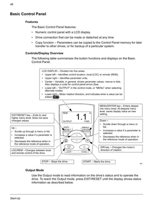 Start-Up
46
Basic Control Panel
Features
The Basic Control Panel features:
• Numeric control panel with a LCD display.
• Drive connection that can be made or detached at any time
• Copy function – Parameters can be copied to the Control Panel memory for later
transfer to other drives, or for backup of a particular system.
Controls/Display Overview
The following table summarizes the button functions and displays on the Basic
Control Panel.
Output Mode
Use the Output mode to read information on the drive’s status and to operate the
drive. To reach the Output mode, press EXIT/RESET until the display shows status
information as described below.
REM
OUTPUT FWD
A
1.1
EXIT/
RESET
MENU/
ENTER
LCD DISPLAY – Divided into five areas:
• Upper left – Identifies control location, local (LOC) or remote (REM).
• Upper right – Identifies parameter units.
• Center – Variable, in general, shows parameter values, menus or lists.
Also displays a code for control panel errors (See.
• Lower left – “OUTPUT” in the control mode, or “MENU” when selecting
alternate modes.
• Lower right – Motor rotation direction, and indicates when a value can be
edited ( ).SET
Up –
• Scrolls up through a menu or list.
• Increases a value if a parameter is
selected.
• Decreases the reference when in
the reference mode of operation.
EXIT/RESET key – Exits to next
higher menu level. Does not save
changed values.
MENU/ENTER key – Enters deeper
into menu level. At deepest menu
level, saves display value as new
setting.
Down –
• Scrolls down through a menu or
list.
• Increases a value if a parameter is
selected.
• Decreases the reference when in
the reference mode of operation.
DIR key – Changes the motor’s
direction of rotation.
STOP – Stops the drive. START – Starts the drive.
LOC/REM – Changes between local
and remote control of the drive.
FM
 