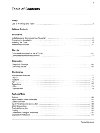 Table of Contents
3
Table of Contents
Safety
Use of Warnings and Notes . . . . . . . . . . . . . . . . . . . . . . . . . . . . . . . . . . . . . . . . . . . . . . . . . . . . . . . 2
Table of Contents
Installation
Installation and Commissioning Flowchart . . . . . . . . . . . . . . . . . . . . . . . . . . . . . . . . . . . . . . . . . . . 5
Preparing for Installation . . . . . . . . . . . . . . . . . . . . . . . . . . . . . . . . . . . . . . . . . . . . . . . . . . . . . . . . . . 6
Installing the Drive . . . . . . . . . . . . . . . . . . . . . . . . . . . . . . . . . . . . . . . . . . . . . . . . . . . . . . . . . . . . . . 19
Installation Checklist . . . . . . . . . . . . . . . . . . . . . . . . . . . . . . . . . . . . . . . . . . . . . . . . . . . . . . . . . . . . 37
Start-Up
Complete Parameter List for ACS550 . . . . . . . . . . . . . . . . . . . . . . . . . . . . . . . . . . . . . . . . . . . . . . . 61
Complete Parameter Descriptions . . . . . . . . . . . . . . . . . . . . . . . . . . . . . . . . . . . . . . . . . . . . . . . . . 72
Diagnostics
Diagnostic Displays . . . . . . . . . . . . . . . . . . . . . . . . . . . . . . . . . . . . . . . . . . . . . . . . . . . . . . . . . . . . 164
Correcting Faults . . . . . . . . . . . . . . . . . . . . . . . . . . . . . . . . . . . . . . . . . . . . . . . . . . . . . . . . . . . . . . 165
Maintenance
Maintenance Intervals . . . . . . . . . . . . . . . . . . . . . . . . . . . . . . . . . . . . . . . . . . . . . . . . . . . . . . . . . . 172
Layout . . . . . . . . . . . . . . . . . . . . . . . . . . . . . . . . . . . . . . . . . . . . . . . . . . . . . . . . . . . . . . . . . . . . . . 173
Heatsink . . . . . . . . . . . . . . . . . . . . . . . . . . . . . . . . . . . . . . . . . . . . . . . . . . . . . . . . . . . . . . . . . . . . 174
Fan . . . . . . . . . . . . . . . . . . . . . . . . . . . . . . . . . . . . . . . . . . . . . . . . . . . . . . . . . . . . . . . . . . . . . . . . 174
Capacitors . . . . . . . . . . . . . . . . . . . . . . . . . . . . . . . . . . . . . . . . . . . . . . . . . . . . . . . . . . . . . . . . . . . 177
LEDs . . . . . . . . . . . . . . . . . . . . . . . . . . . . . . . . . . . . . . . . . . . . . . . . . . . . . . . . . . . . . . . . . . . . . . . 179
Control Panel . . . . . . . . . . . . . . . . . . . . . . . . . . . . . . . . . . . . . . . . . . . . . . . . . . . . . . . . . . . . . . . . . 179
Technical Data
Ratings . . . . . . . . . . . . . . . . . . . . . . . . . . . . . . . . . . . . . . . . . . . . . . . . . . . . . . . . . . . . . . . . . . . . . 180
Input Power Cables and Fuses . . . . . . . . . . . . . . . . . . . . . . . . . . . . . . . . . . . . . . . . . . . . . . . . . . . 182
Cable Terminals . . . . . . . . . . . . . . . . . . . . . . . . . . . . . . . . . . . . . . . . . . . . . . . . . . . . . . . . . . . . . . 182
Input Power (Mains) Connection . . . . . . . . . . . . . . . . . . . . . . . . . . . . . . . . . . . . . . . . . . . . . . . . . . 182
Motor Connection . . . . . . . . . . . . . . . . . . . . . . . . . . . . . . . . . . . . . . . . . . . . . . . . . . . . . . . . . . . . . 183
Control Connection . . . . . . . . . . . . . . . . . . . . . . . . . . . . . . . . . . . . . . . . . . . . . . . . . . . . . . . . . . . . 183
Cooling . . . . . . . . . . . . . . . . . . . . . . . . . . . . . . . . . . . . . . . . . . . . . . . . . . . . . . . . . . . . . . . . . . . . . 184
Dimensions, Weights and Noise . . . . . . . . . . . . . . . . . . . . . . . . . . . . . . . . . . . . . . . . . . . . . . . . . . 184
Degrees of Protection . . . . . . . . . . . . . . . . . . . . . . . . . . . . . . . . . . . . . . . . . . . . . . . . . . . . . . . . . . 184
 
