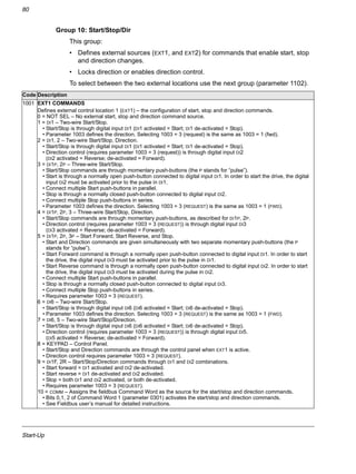Start-Up
80
Group 10: Start/Stop/Dir
This group:
• Defines external sources (EXT1, and EXT2) for commands that enable start, stop
and direction changes.
• Locks direction or enables direction control.
To select between the two external locations use the next group (parameter 1102).
Code Description
1001 EXT1 COMMANDS
Defines external control location 1 (EXT1) – the configuration of start, stop and direction commands.
0 = NOT SEL – No external start, stop and direction command source.
1 = DI1 – Two-wire Start/Stop.
• Start/Stop is through digital input DI1 (DI1 activated = Start; DI1 de-activated = Stop).
• Parameter 1003 defines the direction. Selecting 1003 = 3 (request) is the same as 1003 = 1 (fwd).
2 = DI1, 2 – Two-wire Start/Stop, Direction.
• Start/Stop is through digital input DI1 (DI1 activated = Start; DI1 de-activated = Stop).
• Direction control (requires parameter 1003 = 3 (request)) is through digital input DI2
(DI2 activated = Reverse; de-activated = Forward).
3 = DI1P, 2P – Three-wire Start/Stop.
• Start/Stop commands are through momentary push-buttons (the P stands for “pulse”).
• Start is through a normally open push-button connected to digital input DI1. In order to start the drive, the digital
input DI2 must be activated prior to the pulse in DI1.
• Connect multiple Start push-buttons in parallel.
• Stop is through a normally closed push-button connected to digital input DI2.
• Connect multiple Stop push-buttons in series.
• Parameter 1003 defines the direction. Selecting 1003 = 3 (REQUEST) is the same as 1003 = 1 (FWD).
4 = DI1P, 2P, 3 – Three-wire Start/Stop, Direction.
• Start/Stop commands are through momentary push-buttons, as described for DI1P, 2P.
• Direction control (requires parameter 1003 = 3 (REQUEST)) is through digital input DI3
(DI3 activated = Reverse; de-activated = Forward).
5 = DI1P, 2P, 3P – Start Forward, Start Reverse, and Stop.
• Start and Direction commands are given simultaneously with two separate momentary push-buttons (the P
stands for “pulse”).
• Start Forward command is through a normally open push-button connected to digital input DI1. In order to start
the drive, the digital input DI3 must be activated prior to the pulse in DI1.
• Start Reverse command is through a normally open push-button connected to digital input DI2. In order to start
the drive, the digital input DI3 must be activated during the pulse in DI2.
• Connect multiple Start push-buttons in parallel.
• Stop is through a normally closed push-button connected to digital input DI3.
• Connect multiple Stop push-buttons in series.
• Requires parameter 1003 = 3 (REQUEST).
6 = DI6 – Two-wire Start/Stop.
• Start/Stop is through digital input DI6 (DI6 activated = Start; DI6 de-activated = Stop).
• Parameter 1003 defines the direction. Selecting 1003 = 3 (REQUEST) is the same as 1003 = 1 (FWD).
7 = DI6, 5 – Two-wire Start/Stop/Direction.
• Start/Stop is through digital input DI6 (DI6 activated = Start; DI6 de-activated = Stop).
• Direction control (requires parameter 1003 = 3 (REQUEST)) is through digital input DI5.
(DI5 activated = Reverse; de-activated = Forward).
8 = KEYPAD – Control Panel.
• Start/Stop and Direction commands are through the control panel when EXT1 is active.
• Direction control requires parameter 1003 = 3 (REQUEST).
9 = DI1F, 2R – Start/Stop/Direction commands through DI1 and DI2 combinations.
• Start forward = DI1 activated and DI2 de-activated.
• Start reverse = DI1 de-activated and DI2 activated.
• Stop = both DI1 and DI2 activated, or both de-activated.
• Requires parameter 1003 = 3 (REQUEST).
10 = COMM – Assigns the fieldbus Command Word as the source for the start/stop and direction commands.
• Bits 0,1, 2 of Command Word 1 (parameter 0301) activates the start/stop and direction commands.
• See Fieldbus user’s manual for detailed instructions.
 