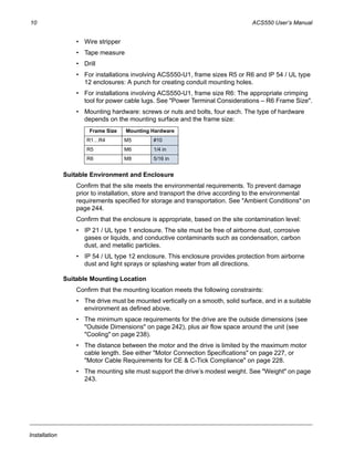 10 ACS550 User’s Manual
Installation
• Wire stripper
• Tape measure
• Drill
• For installations involving ACS550-U1, frame sizes R5 or R6 and IP 54 / UL type
12 enclosures: A punch for creating conduit mounting holes.
• For installations involving ACS550-U1, frame size R6: The appropriate crimping
tool for power cable lugs. See "Power Terminal Considerations – R6 Frame Size".
• Mounting hardware: screws or nuts and bolts, four each. The type of hardware
depends on the mounting surface and the frame size:
Suitable Environment and Enclosure
Confirm that the site meets the environmental requirements. To prevent damage
prior to installation, store and transport the drive according to the environmental
requirements specified for storage and transportation. See "Ambient Conditions" on
page 244.
Confirm that the enclosure is appropriate, based on the site contamination level:
• IP 21 / UL type 1 enclosure. The site must be free of airborne dust, corrosive
gases or liquids, and conductive contaminants such as condensation, carbon
dust, and metallic particles.
• IP 54 / UL type 12 enclosure. This enclosure provides protection from airborne
dust and light sprays or splashing water from all directions.
Suitable Mounting Location
Confirm that the mounting location meets the following constraints:
• The drive must be mounted vertically on a smooth, solid surface, and in a suitable
environment as defined above.
• The minimum space requirements for the drive are the outside dimensions (see
"Outside Dimensions" on page 242), plus air flow space around the unit (see
"Cooling" on page 238).
• The distance between the motor and the drive is limited by the maximum motor
cable length. See either "Motor Connection Specifications" on page 227, or
"Motor Cable Requirements for CE & C-Tick Compliance" on page 228.
• The mounting site must support the drive’s modest weight. See "Weight" on page
243.
Frame Size Mounting Hardware
R1…R4 M5 #10
R5 M6 1/4 in
R6 M8 5/16 in
 