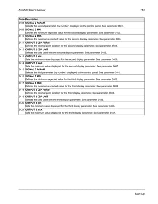 ACS550 User’s Manual 113
Start-Up
3408 SIGNAL 2 PARAM
Selects the second parameter (by number) displayed on the control panel. See parameter 3401.
3409 SIGNAL 2 MIN
Defines the minimum expected value for the second display parameter. See parameter 3402.
3410 SIGNAL 2 MAX
Defines the maximum expected value for the second display parameter. See parameter 3403.
3411 OUTPUT 2 DSP FORM
Defines the decimal point location for the second display parameter. See parameter 3404.
3412 OUTPUT 2 DSP UNIT
Selects the units used with the second display parameter. See parameter 3405.
3413 OUTPUT 2 MIN
Sets the minimum value displayed for the second display parameter. See parameter 3406.
3414 OUTPUT 2 MAX
Sets the maximum value displayed for the second display parameter. See parameter 3407.
3415 SIGNAL 3 PARAM
Selects the third parameter (by number) displayed on the control panel. See parameter 3401.
3416 SIGNAL 3 MIN
Defines the minimum expected value for the third display parameter. See parameter 3402.
3417 SIGNAL 3 MAX
Defines the maximum expected value for the third display parameter. See parameter 3403.
3418 OUTPUT 3 DSP FORM
Defines the decimal point location for the third display parameter. See parameter 3404.
3419 OUTPUT 3 DSP UNIT
Selects the units used with the third display parameter. See parameter 3405.
3420 OUTPUT 3 MIN
Sets the minimum value displayed for the third display parameter. See parameter 3406.
3421 OUTPUT 3 MAX
Sets the maximum value displayed for the third display parameter. See parameter 3407.
Code Description
 