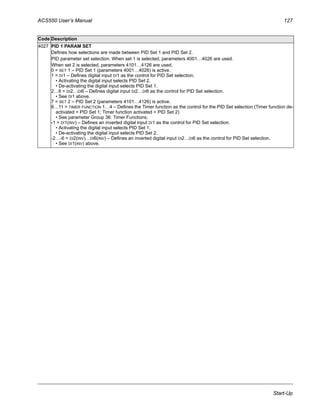 ACS550 User’s Manual 127
Start-Up
4027 PID 1 PARAM SET
Defines how selections are made between PID Set 1 and PID Set 2.
PID parameter set selection. When set 1 is selected, parameters 4001…4026 are used.
When set 2 is selected, parameters 4101…4126 are used.
0 = SET 1 – PID Set 1 (parameters 4001…4026) is active.
1 = DI1 – Defines digital input DI1 as the control for PID Set selection.
• Activating the digital input selects PID Set 2.
• De-activating the digital input selects PID Set 1.
2…6 = DI2…DI6 – Defines digital input DI2…DI6 as the control for PID Set selection.
• See DI1 above.
7 = SET 2 – PID Set 2 (parameters 4101…4126) is active.
8…11 = TIMER FUNCTION 1…4 – Defines the Timer function as the control for the PID Set selection (Timer function de-
activated = PID Set 1; Timer function activated = PID Set 2)
• See parameter Group 36: Timer Functions.
-1 = DI1(INV) – Defines an inverted digital input DI1 as the control for PID Set selection.
• Activating the digital input selects PID Set 1.
• De-activating the digital input selects PID Set 2.
-2…-6 = DI2(INV)…DI6(INV) – Defines an inverted digital input DI2…DI6 as the control for PID Set selection.
• See DI1(INV) above.
Code Description
 