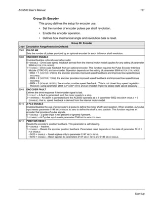 ACS550 User’s Manual 131
Start-Up
Group 50: Encoder
This group defines the setup for encoder use:
• Set the number of encoder pulses per shaft revolution.
• Enable the encoder operation.
• Defines how mechanical angle and revolution data is reset.
Group 50: Encoder
Code Description RangeResolutionDefaultS
5001 PULSE NR
Sets the number of pulses provided by an optional encoder for each full motor shaft revolution.
5002 ENCODER ENABLE
Enables/disables optional external encoder.
0 = DISABLE – Drive uses speed feedback derived from the internal motor model (applies for any setting of parameter
9904 MOTOR CTRL MODE).
1 = ENABLE – Drive uses feedback from an optional encoder. This function requires the Pulse Encoder Interface
Module (OTAC-01) and an encoder. Operation depends on the setting of parameter 9904 MOTOR CTRL MODE:
• 9904 = 1 (VECTOR: SPEED), the encoder provides improved speed feedback and improved low speed torque
accuracy.
• 9904 = 2 (VECTOR: TORQ), the encoder provides improved speed feedback and improved low speed torque
accuracy.
• 9904 = 3 (SCALAR: SPEED), the encoder provides speed feedback. (This is not closed loop speed regulation.
However, using parameter 2608 SLIP COMP RATIO and an encoder improves steady state speed accuracy.)
5003 ENCODER FAULT
Defines the drive response if the encoder signal is lost.
1 = FAULT – A fault is generated, and the motor coasts to a stop.
2 = WARNING – An alarm is generated and the ACS550 operates as is if parameter 5002 ENCODER ENABLE = 0
(DISABLE), that is, speed feedback is derived from the internal motor model.
5010 Z PLS ENABLE
Enables/disables the use of an encoder’s Z-pulse to define the motor shaft’s zero position. When enabled, a Z-pulse
input resets parameter 0146 MECH ANGLE to zero to define the shaft’s zero position. This function requires an
encoder that provides Z-pulse signals.
0 = DISABLE – Z-pulse input is not present or ignored if present.
1 = ENABLE – A Z-pulse input resets parameter 0146 MECH ANGLE to zero.
5011 POSITION RESET
Resets the encoder’s position feedback. This parameter is self-clearing.
0 = DISABLE – Inactive.
1 = ENABLE – Resets the encoder position feedback. Parameters reset depends on the state of parameter 5010 Z
PLS ENABLE:
• 5010 = ENABLE – Reset applies only to parameter 0147 MECH REVS.
• 5010 = DISABLE – Reset applies to parameters 0147 MECH REVS and 0146 MECH ANGLE.
 