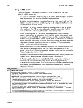 136 ACS550 User’s Manual
Start-Up
Group 81: PFC Control
This group defines a Pump-Fan Control (PFC) mode of operation. The major
features of PFC control are:
• The ACS550 controls the motor of pump no. 1, varying the motor speed to control
the pump capacity. This motor is the speed regulated motor.
• Direct line connections power the motor of pump no. 2 and pump no.3, etc. The
ACS550 switches pump no. 2 (and then pump no. 3, etc.) on and off as needed.
These motors are auxiliary motors.
• The ACS550 PID control uses two signals: a process reference and an actual
value feedback. The PID controller adjusts the speed (frequency) of the first
pump such that the actual value follows the process reference.
• When demand (defined by the process reference) exceeds the first motor’s
capacity (user defined as a frequency limit), the PFC control automatically starts
an auxiliary pump. The PFC also reduces the speed of the first pump to account
for the auxiliary pump’s addition to total output. Then, as before, the PID controller
adjusts the speed (frequency) of the first pump such that the actual value follows
the process reference. If demand continues to increase, PFC adds additional
auxiliary pumps, using the same process.
• When demand drops, such that the first pump speed falls below a minimum limit
(user defined by a frequency limit), the PFC control automatically stops an
auxiliary pump. The PFC also increases the speed of the first pump to account for
the auxiliary pump’s missing output.
• An Interlock function (when enabled) identifies off-line (out of service) motors, and
the PFC control skips to the next available motor in the sequence.
• An Autochange function (when enabled and with the appropriate switchgear)
equalizes duty time between the pump motors. Autochange periodically
increments the position of each motor in the rotation – the speed regulated motor
becomes the last auxiliary motor, the first auxiliary motor becomes the speed
regulated motor, etc.
Code Description
8103 REFERENCE STEP 1
Sets a percentage value that is added to the process reference.
• Applies only when at least one auxiliary (constant speed) motor is running.
• Default value is 0%.
Example: An ACS550 operates three parallel pumps that maintain water pressure in a pipe.
• 4011 INTERNAL SETPNT sets a constant pressure reference that controls the pressure in the pipe.
• The speed regulated pump operates alone at low water consumption levels.
• As water consumption increases, first one constant speed pump operates, then, the second.
• As flow increases, the pressure at the output end of the pipe drops relative to the pressure measured at the input
end. As auxiliary motors step in to increase the flow, the adjustments below correct the reference to more closely
match the output pressure.
• When the first auxiliary pump operates, increase the reference with parameter 8103 REFERENCE STEP 1.
• When both auxiliary pumps operate, increase the reference with parameter 8103 reference step 1 + parameter
8104 reference step 2.
• When three auxiliary pumps operate, increase the reference with parameter 8103 REFERENCE STEP 1 + parameter
8104 REFERENCE STEP 2 + parameter 8105 REFERENCE STEP 3.
 
