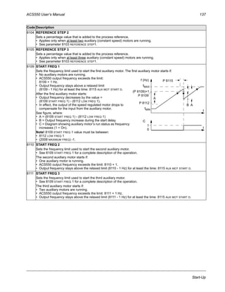 ACS550 User’s Manual 137
Start-Up
8104 REFERENCE STEP 2
Sets a percentage value that is added to the process reference.
• Applies only when at least two auxiliary (constant speed) motors are running.
• See parameter 8103 REFERENCE STEP1.
8105 REFERENCE STEP 3
Sets a percentage value that is added to the process reference.
• Applies only when at least three auxiliary (constant speed) motors are running.
• See parameter 8103 REFERENCE STEP1.
8109 START FREQ 1
Sets the frequency limit used to start the first auxiliary motor. The first auxiliary motor starts if:
• No auxiliary motors are running.
• ACS550 output frequency exceeds the limit:
8109 + 1 Hz.
• Output frequency stays above a relaxed limit
(8109 - 1 Hz) for at least the time: 8115 AUX MOT START D.
After the first auxiliary motor starts:
• Output frequency decreases by the value =
(8109 START FREQ 1) - (8112 LOW FREQ 1).
• In effect, the output of the speed regulated motor drops to
compensate for the input from the auxiliary motor.
See figure, where:
• A = (8109 START FREQ 1) - (8112 LOW FREQ 1)
• B = Output frequency increase during the start delay.
• C = Diagram showing auxiliary motor’s run status as frequency
increases (1 = On).
Note! 8109 START FREQ 1 value must be between:
• 8112 LOW FREQ 1
• (2008 MAXIMUM FREQ) -1.
8110 START FREQ 2
Sets the frequency limit used to start the second auxiliary motor.
• See 8109 START FREQ 1 for a complete description of the operation.
The second auxiliary motor starts if:
• One auxiliary motor is running.
• ACS550 output frequency exceeds the limit: 8110 + 1.
• Output frequency stays above the relaxed limit (8110 - 1 Hz) for at least the time: 8115 AUX MOT START D.
8111 START FREQ 3
Sets the frequency limit used to start the third auxiliary motor.
• See 8109 START FREQ 1 for a complete description of the operation.
The third auxiliary motor starts if:
• Two auxiliary motors are running.
• ACS550 output frequency exceeds the limit: 8111 + 1 Hz.
• Output frequency stays above the relaxed limit (8111 - 1 Hz) for at least the time: 8115 AUX MOT START D.
Code Description
t
P 8115
(P 8109)+1
P 8112
AB
f (Hz)
fMAX
fMIN
1
0
t
C
P 8109
A
 