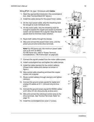 ACS550 User’s Manual 19
Installation
Wiring IP 21 / UL type 1 Enclosure with Cables
1. Open the appropriate knockouts in the conduit/gland
box. (See "Conduit/Gland Kit" above.)
2. Install the cable clamps for the power/motor cables.
3. On the input power cable, strip the sheathing back
far enough to route individual wires.
4. On the motor cable, strip the sheathing back far
enough to expose the copper wire screen so that the
screen can be twisted into a pig-tail. Keep the short
pig-tail short to minimize noise radiation.
5. Route both cables through the clamps.
6. Strip and connect the power/motor wires, and the
power ground wire to the drive terminals.
Note! For R5 frame size, the minimum power cable
size is 25 mm2
(4 AWG).
For R6 frame size, refer to "Power Terminal
Considerations – R6 Frame Size" on page 225.
7. Connect the pig-tail created from the motor cable screen.
8. Install conduit/gland box and tighten the cable clamps.
9. Install the cable clamp(s) for the control cable(s).
(Power/motor cables and clamps not shown in
figure.)
10. Strip control cable sheathing and twist the copper
screen into a pig-tail.
11. Route control cable(s) through clamp(s) and tighten
clamp(s).
12. Connect the ground screen pig-tail for digital and
analog I/O cables at X1-1. (Ground only at drive
end.)
13. Connect the ground screen pig-tail for RS485 cables
at X1-28 or X1-32. (Ground only at drive end.)
14. Strip and connect the individual control wires to the
drive terminals. See "Control Terminals Table" on
page 17.
15. Install the conduit/gland box cover (1 screw).
1
2
X0004
6
3
IP2001
6
7
4
8
8
X0005
9
X0006
12
IP2003
11
14
 