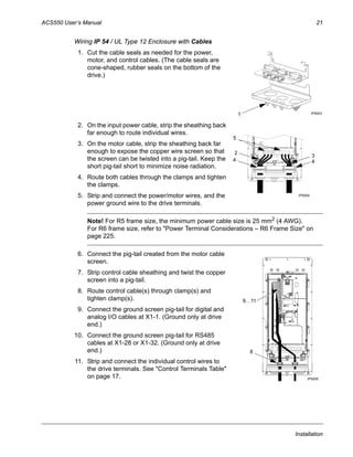 ACS550 User’s Manual 21
Installation
Wiring IP 54 / UL Type 12 Enclosure with Cables
1. Cut the cable seals as needed for the power,
motor, and control cables. (The cable seals are
cone-shaped, rubber seals on the bottom of the
drive.)
2. On the input power cable, strip the sheathing back
far enough to route individual wires.
3. On the motor cable, strip the sheathing back far
enough to expose the copper wire screen so that
the screen can be twisted into a pig-tail. Keep the
short pig-tail short to minimize noise radiation.
4. Route both cables through the clamps and tighten
the clamps.
5. Strip and connect the power/motor wires, and the
power ground wire to the drive terminals.
Note! For R5 frame size, the minimum power cable size is 25 mm2 (4 AWG).
For R6 frame size, refer to "Power Terminal Considerations – R6 Frame Size" on
page 225.
6. Connect the pig-tail created from the motor cable
screen.
7. Strip control cable sheathing and twist the copper
screen into a pig-tail.
8. Route control cable(s) through clamp(s) and
tighten clamp(s).
9. Connect the ground screen pig-tail for digital and
analog I/O cables at X1-1. (Ground only at drive
end.)
10. Connect the ground screen pig-tail for RS485
cables at X1-28 or X1-32. (Ground only at drive
end.)
11. Strip and connect the individual control wires to
the drive terminals. See "Control Terminals Table"
on page 17.
1 IP5003
4
5
2
IP5004
3
4
9…11
8
IP5005
 