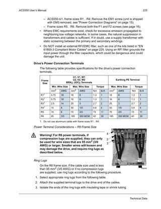 ACS550 User’s Manual 225
Technical Data
– ACS550-U1, frame sizes R1…R4: Remove the EM1 screw (unit is shipped
with EM3 removed, see "Power Connection Diagrams" on page 15).
– Frame sizes R5…R6: Remove both the F1 and F2 screws (see page 16).
• Where EMC requirements exist, check for excessive emission propagated to
neighboring low voltage networks. In some cases, the natural suppression in
transformers and cables is sufficient. If in doubt, use a supply transformer with
static screening between the primary and secondary windings.
• Do NOT install an external RFI/EMC filter, such as one of the kits listed in "EN
61800-3 Compliant Motor Cables" on page 229. Using an RFI filter grounds the
input power through the filter capacitors, which could be dangerous and could
damage the unit.
Drive’s Power Connection Terminals
The following table provides specifications for the drive’s power connection
terminals.
1. Do not use aluminum cable with frame sizes R1…R4.
Power Terminal Considerations – R6 Frame Size
Warning! For R6 power terminals, if
compression lugs are supplied, they can only
be used for wire sizes that are 95 mm2 (3/0
AWG) or larger. Smaller wires will loosen and
may damage the drive, and require ring lugs as
described below.
Ring Lugs
On the R6 frame size, if the cable size used is less
than 95 mm2 (3/0 AWG) or if no compression lugs
are supplied, use ring lugs according to the following procedure.
1. Select appropriate ring lugs from the following table.
2. Attach the supplied terminal lugs to the drive end of the cables.
3. Isolate the ends of the ring lugs with insulating tape or shrink tubing.
Frame
Size
U1, V1, W1
U2, V2, W2
BRK+, UDC+ Terminals
Earthing PE Terminal
Min. Wire Size Max. Wire Size Torque Max. Wire Size Torque
mm2 AWG mm2 AWG Nm lb-ft mm2 AWG Nm lb-ft
R11
0.75 18 16 6 1.3 1 16 6 1.3 1
R21 0.75 18 16 6 1.3 1 16 6 1.3 1
R31 2.5 14 25 3 2.7 2 25 3 2.7 2
R41
10 8 50 1/0 5.6 4 50 1/0 5.6 4
R5 16 6 70 2/0 15 11 70 2/0 15 11
R6 95 3/0 185 350 MCM 40 30 185 350 MCM 40 30
X60002
2
3
4
 