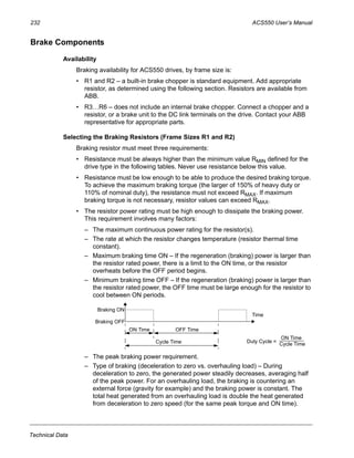 232 ACS550 User’s Manual
Technical Data
Brake Components
Availability
Braking availability for ACS550 drives, by frame size is:
• R1 and R2 – a built-in brake chopper is standard equipment. Add appropriate
resistor, as determined using the following section. Resistors are available from
ABB.
• R3…R6 – does not include an internal brake chopper. Connect a chopper and a
resistor, or a brake unit to the DC link terminals on the drive. Contact your ABB
representative for appropriate parts.
Selecting the Braking Resistors (Frame Sizes R1 and R2)
Braking resistor must meet three requirements:
• Resistance must be always higher than the minimum value RMIN defined for the
drive type in the following tables. Never use resistance below this value.
• Resistance must be low enough to be able to produce the desired braking torque.
To achieve the maximum braking torque (the larger of 150% of heavy duty or
110% of nominal duty), the resistance must not exceed RMAX. If maximum
braking torque is not necessary, resistor values can exceed RMAX.
• The resistor power rating must be high enough to dissipate the braking power.
This requirement involves many factors:
– The maximum continuous power rating for the resistor(s).
– The rate at which the resistor changes temperature (resistor thermal time
constant).
– Maximum braking time ON – If the regeneration (braking) power is larger than
the resistor rated power, there is a limit to the ON time, or the resistor
overheats before the OFF period begins.
– Minimum braking time OFF – If the regeneration (braking) power is larger than
the resistor rated power, the OFF time must be large enough for the resistor to
cool between ON periods.
– The peak braking power requirement.
– Type of braking (deceleration to zero vs. overhauling load) – During
deceleration to zero, the generated power steadily decreases, averaging half
of the peak power. For an overhauling load, the braking is countering an
external force (gravity for example) and the braking power is constant. The
total heat generated from an overhauling load is double the heat generated
from deceleration to zero speed (for the same peak torque and ON time).
Time
Braking ON
Braking OFF
ON Time OFF Time
Cycle Time Cycle Time
ON Time
Duty Cycle =
 