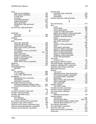 ACS550 User’s Manual 251
Index
drive
EFB comm installation . . . . . . . . . . . . . . . . 150
FBA module installation . . . . . . . . . . . . . . . 184
id, fault code . . . . . . . . . . . . . . . . . . . . . . . . 204
mounting . . . . . . . . . . . . . . . . . . . . . . . . . . . . 12
mounting dimensions . . . . . . . . . . . . . . . . . 241
outside dimensions . . . . . . . . . . . . . . . . . . . 242
rating, parameter. . . . . . . . . . . . . . . . . . . . . 111
temperature, data parameter . . . . . . . . . . . . 67
weight . . . . . . . . . . . . . . . . . . . . . . . . . . . . . 243
drive on time, data parameters . . . . . . . . . . . . . . 69
E
earth fault
fault code. . . . . . . . . . . . . . . . . . . . . . . . . . . 204
parameter . . . . . . . . . . . . . . . . . . . . . . . . . . 106
earthing
see ground
EFB
baud rate, parameter. . . . . . . . . . . . . . . . . . 134
config file, fault code . . . . . . . . . . . . . . . . . . 205
control profile, parameter . . . . . . . . . . . . . . 134
CRC errors (count), parameter . . . . . . . . . . 134
fault codes. . . . . . . . . . . . . . . . . . . . . . . . . . 205
ok messages (count), parameter . . . . . . . . 134
parameters . . . . . . . . . . . . . . . . . . . . . 134, 135
parity, parameter. . . . . . . . . . . . . . . . . . . . . 134
protocol id, parameter . . . . . . . . . . . . . . . . . 134
protocol, parameter group. . . . . . . . . . . . . . 134
station id, parameter . . . . . . . . . . . . . . . . . . 134
status, parameter . . . . . . . . . . . . . . . . . . . . 134
UART errors (count), parameter . . . . . . . . . 134
efficiency . . . . . . . . . . . . . . . . . . . . . . . . . . . . . . 238
EM3 screw. . . . . . . . . . . . . . . . . . . . . . . . . . . . . 224
embedded field bus
see EFB
EMC
CE marking . . . . . . . . . . . . . . . . . . . . . . . . . 246
C-Tick marking . . . . . . . . . . . . . . . . . . . . . . 246
motor cable requirements . . . . . . . . . . . . . . 228
emergency
deceleration time, parameter . . . . . . . . . . . . 95
stop devices . . . . . . . . . . . . . . . . . . . . . . . . 222
stop select, parameter. . . . . . . . . . . . . . . . . . 94
EN 61800-3 first environment
restricted distribution radiation limits. . . . . . 230
unrestricted distribution radiation limits. . . . 231
enclosure
types . . . . . . . . . . . . . . . . . . . . . . . . . . . . . . 243
enclosure protection class code . . . . . . . . . . . . . . 9
encoder, data parameters . . . . . . . . . . . . . . . . . . 69
encoder, parameter group. . . . . . . . . . . . . . . . . 131
environment
first, definition . . . . . . . . . . . . . . . . . . . . . . . 247
second, definition . . . . . . . . . . . . . . . . . . . . 247
error value inversion (PID), parameter . . . . . . . 122
exception codes, EFB modbus . . . . . . . . . . . . . 168
external comm module, parameter group . . . . . 132
external commands selection, parameter . . . . . . 73
external control selection, parameter . . . . . . . . . 75
external fault
automatic reset, parameter . . . . . . . . . . . . . 108
fault codes . . . . . . . . . . . . . . . . . . . . . . . . . . 203
parameters . . . . . . . . . . . . . . . . . . . . . . . . . . 104
external reference, data parameter. . . . . . . . . . . . 67
F
fan maintenance . . . . . . . . . . . . . . . . . . . . . . . . . 213
fault
codes . . . . . . . . . . . . . . . . . . . . . . . . . . . . . . 202
comm (FBA) . . . . . . . . . . . . . . . . . . . . . . . . . 188
comm failure (EFB) . . . . . . . . . . . . . . . . . . . 156
current at, history parameter . . . . . . . . . . . . . 72
digital input status at, history parameter. . . . . 72
frequency at, history parameter . . . . . . . . . . . 72
functions, parameter group . . . . . . . . . . . . . 104
history. . . . . . . . . . . . . . . . . . . . . . . . . . . . . . 207
history, parameter group . . . . . . . . . . . . . . . . 72
last, history parameter . . . . . . . . . . . . . . . . . . 72
listing . . . . . . . . . . . . . . . . . . . . . . . . . . . . . . 202
previous, history parameter . . . . . . . . . . . . . . 72
reset . . . . . . . . . . . . . . . . . . . . . . . . . . . . . . . 207
reset select, parameter. . . . . . . . . . . . . . . . . . 86
speed at, history parameter . . . . . . . . . . . . . . 72
status at, history parameter . . . . . . . . . . . . . . 72
time of, history parameters. . . . . . . . . . . . . . . 72
torque at, history parameter . . . . . . . . . . . . . . 72
voltage at, history parameter . . . . . . . . . . . . . 72
words, data parameters . . . . . . . . . . . . . . . . . 71
fault code
28 serial 1 err . . . . . . . . . . . . . . . . . . . . . . . . 160
fault logging (Assistant panel). . . . . . . . . . . . . . . . 33
FB actual signals, parameter group . . . . . . . . . . . 70
feedback multiplier (PID), parameter . . . . . . . . . 124
feedback select (PID), parameter . . . . . . . . . . . . 124
field weakening point . . . . . . . . . . . . . . . . . . . . . 227
fieldbus
see comm
command words, data parameters. . . . . . . . . 70
CPI firmware revision, parameter. . . . . . . . . 132
parameter refresh, parameter . . . . . . . . . . . 132
parameters . . . . . . . . . . . . . . . . . . . . . . . . . . 132
status words, data parameters . . . . . . . . . . . . 70
status, parameter . . . . . . . . . . . . . . . . . . . . . 132
type, parameter . . . . . . . . . . . . . . . . . . . . . . 132
fieldbus adapter
see comm (FBA)
firmware test date, parameter. . . . . . . . . . . . . . . 111
firmware version, parameter . . . . . . . . . . . . . . . . 111
first environment, definition. . . . . . . . . . . . . . . . . 247
first start
calibration description. . . . . . . . . . . . . . . . . . . 66
floating network
connections . . . . . . . . . . . . . . . . . . . . . . . . . 224
warning about filters . . . . . . . . . . . . . . . 230, 231
warning about screws at EM1, EM3. . . . . . . . 15
warning about screws at F1, F2 . . . . . . . . . . . 16
flux braking, parameter . . . . . . . . . . . . . . . . . . . . 101
flux optimization, parameter . . . . . . . . . . . . . . . . 101
force trip, fault code . . . . . . . . . . . . . . . . . . . . . . 205
frame errors (count), parameter . . . . . . . . . . . . . 133
frame size . . . . . . . . . . . . . . . . . . . . . . . . . . . . . . 216
 
