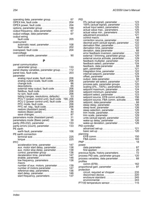 254 ACS550 User’s Manual
Index
operating data, parameter group. . . . . . . . . . . . . 67
OPEX link, fault code . . . . . . . . . . . . . . . . . . . . 204
OPEX power, fault code . . . . . . . . . . . . . . . . . . 204
options, parameter group . . . . . . . . . . . . . . . . . 148
output frequency, data parameter . . . . . . . . . . . . 67
output voltage, data parameter . . . . . . . . . . . . . . 67
output wiring
fault code . . . . . . . . . . . . . . . . . . . . . . . . . . 205
overcurrent
automatic reset, parameter. . . . . . . . . . . . . 108
fault code . . . . . . . . . . . . . . . . . . . . . . . . . . 202
overspeed, fault code . . . . . . . . . . . . . . . . . . . . 204
overvoltage
control enable, parameter. . . . . . . . . . . . . . . 90
P
panel communication
parameter group . . . . . . . . . . . . . . . . . . . . . 133
panel display variables, parameter group . . . . . 112
panel loss, fault code. . . . . . . . . . . . . . . . . . . . . 203
parameter
analog input scale, fault code . . . . . . . . . . . 206
analog output scale, fault code . . . . . . . . . . 206
change lock. . . . . . . . . . . . . . . . . . . . . . . . . . 86
descriptions. . . . . . . . . . . . . . . . . . . . . . . . . . 65
external relay output, fault code . . . . . . . . . 206
fieldbus, fault code . . . . . . . . . . . . . . . . . . . 206
hz rpm, fault code . . . . . . . . . . . . . . . . . . . . 206
listing (ranges, resolutions, defaults) . . . . . . 53
PCU 1 (power control unit), fault code 190, 206
PCU 2 (power control unit), fault code . . . . 206
PFC mode, fault code . . . . . . . . . . . . . . . . . 206
PFC ref. neg., fault code. . . . . . . . . . . . . . . 206
restore (Assistant panel). . . . . . . . . . . . . . . . 34
restore (Basic panel). . . . . . . . . . . . . . . . . . . 40
save changes . . . . . . . . . . . . . . . . . . . . . . . . 87
parameters mode (Assistant panel) . . . . . . . . . . 31
parameters mode (Basic panel) . . . . . . . . . . . . . 39
parity (RS-232), parameter . . . . . . . . . . . . . . . . 133
parity errors (count), parameter. . . . . . . . . . . . . 133
PE earth
earth fault, parameter . . . . . . . . . . . . . . . . . 106
PE earth connection
terminal size . . . . . . . . . . . . . . . . . . . . . . . . 225
torque . . . . . . . . . . . . . . . . . . . . . . . . . . . . . 225
PFC
acceleration time, parameter . . . . . . . . . . . 147
aux. motor start delay, parameter. . . . . . . . 138
aux. motor stop delay, parameter . . . . . . . . 138
control, parameter group . . . . . . . . . . . . . . 136
deceleration time, parameter . . . . . . . . . . . 147
enable, parameter. . . . . . . . . . . . . . . . . . . . 146
low frequency, parameters . . . . . . . . . . . . . 138
macro
number of aux. motors, parameter . . . . . . . 139
number of motors parameter . . . . . . . . . . . 147
reference step, parameters. . . . . . . . . . . . . 136
start delay, parameter. . . . . . . . . . . . . . . . . 146
start frequency, parameters . . . . . . . . . . . . 137
PID
0% (actual signal), parameter . . . . . . . . . . . 123
100% (actual signal), parameter . . . . . . . . . 123
actual input select, parameters . . . . . . . . . . 125
actual value max., parameters. . . . . . . . . . . 125
actual value min., parameters . . . . . . . . . . . 125
adjustment procedure . . . . . . . . . . . . . . . . . 121
control macro . . . . . . . . . . . . . . . . . . . . . . . . . 48
correction source, parameter . . . . . . . . . . . . 130
decimal point (actual signal), parameter . . . 122
derivation filter, parameter . . . . . . . . . . . . . . 122
derivation time, parameter . . . . . . . . . . . . . . 122
deviation, data parameter . . . . . . . . . . . . . . . 68
error feedback inversion, parameter . . . . . . 122
external / trimming, parameter group. . . . . . 129
external source activate, parameter. . . . . . . 129
feedback multiplier, parameter. . . . . . . . . . . 124
feedback select, parameter . . . . . . . . . . . . . 124
feedback, data parameter . . . . . . . . . . . . . . . 68
gain, parameter . . . . . . . . . . . . . . . . . . . . . . 121
integration time, parameter . . . . . . . . . . . . . 122
internal setpoint, parameter . . . . . . . . . . . . . 124
offset, parameter . . . . . . . . . . . . . . . . . . . . . 129
output, data parameter. . . . . . . . . . . . . . . . . . 68
parameter set select, parameter . . . . . . . . . 127
process sets, parameter groups. . . . . . . . . . 120
scaling (0%...100%), parameters. . . . . . . . . 123
setpoint maximum, parameter . . . . . . . . . . . 124
setpoint minimum, parameter. . . . . . . . . . . . 124
setpoint select, parameter . . . . . . . . . . . . . . 123
setpoint source, EFB comm activate . . . . . . 156
setpoint source, FBA comm, activate. . . . . . 188
setpoint, data parameter . . . . . . . . . . . . . . . . 68
sleep delay, parameter. . . . . . . . . . . . . . . . . 126
sleep level, parameter . . . . . . . . . . . . . . . . . 126
sleep selection, parameter. . . . . . . . . . . . . . 126
trim mode, parameter. . . . . . . . . . . . . . . . . . 129
trim scale, parameter . . . . . . . . . . . . . . . . . . 129
units (actual signal), parameter . . . . . . . . . . 122
wake-up delay, parameter . . . . . . . . . . . . . . 126
wake-up deviation, parameter . . . . . . . . . . . 126
PID controller
advanced set-up. . . . . . . . . . . . . . . . . . . . . . 121
basic set-up . . . . . . . . . . . . . . . . . . . . . . . . . 120
planning
EFB comm . . . . . . . . . . . . . . . . . . . . . . . . . . 150
FBA comm . . . . . . . . . . . . . . . . . . . . . . . . . . 183
PNP . . . . . . . . . . . . . . . . . . . . . . . . . . . . . . . . . . . 18
power
data parameter. . . . . . . . . . . . . . . . . . . . . . . . 67
first applied. . . . . . . . . . . . . . . . . . . . . . . . . . . 25
previous faults, history parameters. . . . . . . . . . . . 72
process PID sets, parameter groups . . . . . . . . . 120
process variables, data parameter . . . . . . . . . . . . 68
profiles
comm (EFB). . . . . . . . . . . . . . . . . . . . . . . . . 162
proportional gain, parameter . . . . . . . . . . . . . . . . 97
protection
circuit, required w/ chopper . . . . . . . . . . . . . 235
disconnect device. . . . . . . . . . . . . . . . . . . . . 220
enclosure standard. . . . . . . . . . . . . . . . . . . . 245
environmental. . . . . . . . . . . . . . . . . . . . . . . . 243
PT100 temperature sensor. . . . . . . . . . . . . . . . . 115
 