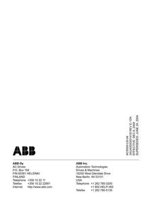 ABB Oy
AC Drives
P.O. Box 184
FIN-00381 HELSINKI
FINLAND
Telephone +358 10 22 11
Telefax +358 10 22 22681
Internet http://www.abb.com
ABB Inc.
Automation Technologies
Drives & Machines
16250 West Glendale Drive
New Berlin, WI 53151
USA
Telephone +1 262 785-3200
+1 800 HELP-365
Telefax +1 262 780-5135
ACS550-US-04
3AUA0000001418REVE/EN
EFFECTIVE:DEC6,2004
SUPERSEDES:JUNE24,2004
 