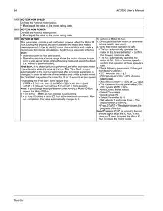 66 ACS550 User’s Manual
Start-Up
9908 MOTOR NOM SPEED
Defines the nominal motor speed.
• Must equal the value on the motor rating plate.
9909 MOTOR NOM POWER
Defines the nominal motor power.
• Must equal the value on the motor rating plate.
9910 MOTOR ID RUN
This parameter controls a self-calibration process called the Motor ID
Run. During this process, the drive operates the motor and makes
measurements in order to identify motor characteristics and create a
model used for internal calculations. An ID Run is especially effective
when:
• Operation point is near zero speed.
• Operation requires a torque range above the motor nominal torque,
over a wide speed range, and without any measured speed feedback
(i.e. without a pulse encoder).
First Start. If no Motor ID Run is performed, the drive estimates motor
characteristics when the drive is first run. This “First Start” occurs
automatically* at the next run command after any motor parameter is
changed. In order to estimate characteristics and create a motor model,
the First Start magnetizes the motor for 10 to 15 seconds at zero speed.
* Activating the “First Start” does require that:
• 9904 = 1 (VECTOR: SPEED), or 9904 = 3 (SCALAR: SPEED) and
• 2101 = 3 (SCALAR FLYSTART) or 5 (FLYSTART + TORQ BOOST).
Note: If you change motor parameters after running a Motor ID Run,
repeat the Motor ID Run.
0 = NO ID RUN – Motor ID Run process is not running.
1 = ID RUN – Enables a Motor ID Run at the next start command. After
run completion, this value automatically changes to 0.
To perform a Motor ID Run:
1. De-couple load from motor (or otherwise
reduce load to near zero).
2. Verify that motor operation is safe:
• The run automatically operates the
motor in the forward direction – confirm
that forward rotation is safe.
• The run automatically operates the
motor at 50…80% of nominal speed –
confirm that operation at these speeds is
safe.
3. Check following parameters (if changed
from factory settings):
• 2001 MINIMUM SPEED < 0
• 2002 MAXIMUM SPEED > 80% of motor
rated speed.
• 2003 MAX CURRENT > 100% of I2hd value.
• The maximum torque (parameters 2014,
2017 and/or 2018) > 50%.
4. At the Control Panel, select:
• Select Parameters
• Select Group 99
• Select Parameter 9910
• Set value to 1 and press Enter – The
display shows a warning.
• Press START – The display shows the
progress of the run.
Note! Pressing STOP, or removing the run
enable signal stops the ID Run. In this
case you’ll need to repeat the Motor ID
Run to create the motor model.
 