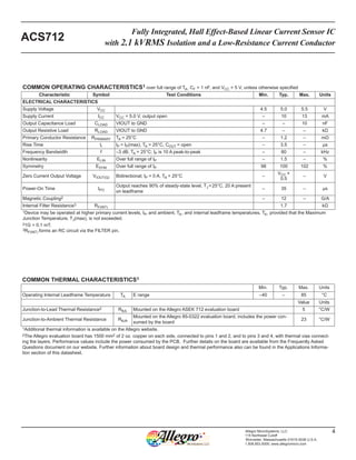 Fully Integrated, Hall Effect-Based Linear Current Sensor IC
with 2.1 kVRMS Isolation and a Low-Resistance Current Conductor
ACS712
4Allegro MicroSystems, LLC
115 Northeast Cutoff
Worcester, Massachusetts 01615-0036 U.S.A.
1.508.853.5000; www.allegromicro.com
COMMON OPERATING CHARACTERISTICS1 over full range of TA, CF = 1 nF, and VCC = 5 V, unless otherwise specified
Characteristic Symbol Test Conditions Min. Typ. Max. Units
ELECTRICAL CHARACTERISTICS
Supply Voltage VCC 4.5 5.0 5.5 V
Supply Current ICC VCC = 5.0 V, output open – 10 13 mA
Output Capacitance Load CLOAD VIOUT to GND – – 10 nF
Output Resistive Load RLOAD VIOUT to GND 4.7 – – kΩ
Primary Conductor Resistance RPRIMARY TA = 25°C – 1.2 – mΩ
Rise Time tr IP = IP(max), TA = 25°C, COUT = open – 3.5 – μs
Frequency Bandwidth f –3 dB, TA = 25°C; IP is 10 A peak-to-peak – 80 – kHz
Nonlinearity ELIN Over full range of IP – 1.5 – %
Symmetry ESYM Over full range of IP 98 100 102 %
Zero Current Output Voltage VIOUT(Q) Bidirectional; IP = 0 A, TA = 25°C –
VCC ×
0.5
– V
Power-On Time tPO
Output reaches 90% of steady-state level, TJ =25°C, 20 A present
on leadframe
– 35 – μs
Magnetic Coupling2 – 12 – G/A
Internal Filter Resistance3 RF(INT) 1.7 kΩ
1Device may be operated at higher primary current levels, IP, and ambient, TA, and internal leadframe temperatures, TA, provided that the Maximum
Junction Temperature, TJ(max), is not exceeded.
21G = 0.1 mT.
3RF(INT) forms an RC circuit via the FILTER pin.
COMMON THERMAL CHARACTERISTICS1
Min. Typ. Max. Units
Operating Internal Leadframe Temperature TA E range –40 – 85 °C
Value Units
Junction-to-Lead Thermal Resistance2 RθJL Mounted on the Allegro ASEK 712 evaluation board 5 °C/W
Junction-to-Ambient Thermal Resistance RθJA
Mounted on the Allegro 85-0322 evaluation board, includes the power con-
sumed by the board
23 °C/W
1Additional thermal information is available on the Allegro website.
2The Allegro evaluation board has 1500 mm2 of 2 oz. copper on each side, connected to pins 1 and 2, and to pins 3 and 4, with thermal vias connect-
ing the layers. Performance values include the power consumed by the PCB. Further details on the board are available from the Frequently Asked
Questions document on our website. Further information about board design and thermal performance also can be found in the Applications Informa-
tion section of this datasheet.
 