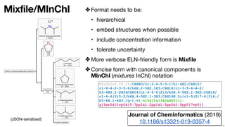 Mixfile/MInChI ✤ Format needs to be:

‣ hierarchical

‣ embed structures when possible

‣ include concentration informatio...