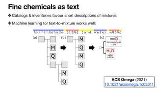 Fine chemicals as text
✤ Catalogs & inventories favour short descriptions of mixtures

✤ Machine learning for text-to-mixt...