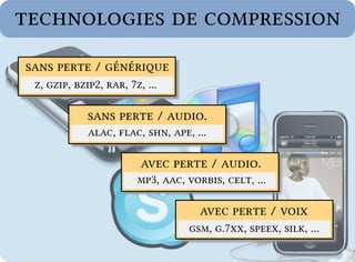 technologies de compression
sans perte / générique
 z, gzip, bzip2, rar, 7z, ...

             sans perte / audio.
             alac, flac, shn, ape, ...

                         avec perte / audio.
                        mp3, aac, vorbis, celt, ...

                                     avec perte / voix
                                  gsm, g.7xx, speex, silk, ...
 