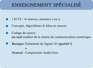 enseignement spécialisé

1 ECTS / 10 séances, semestre 4 ou 6,

Concepts, Algorithmes & Mise en oeuvre,

Codage de source :
un seul maillon de la chaîne de communication numérique

Basique: Traitement du Signal 101 (partiel !)
          +
Avancé: Compression Audio/Voix
 