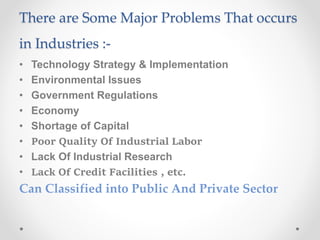 There are Some Major Problems That occurs
in Industries :-
• Technology Strategy & Implementation
• Environmental Issues
• Government Regulations
• Economy
• Shortage of Capital
• Poor Quality Of Industrial Labor
• Lack Of Industrial Research
• Lack Of Credit Facilities , etc.
Can Classified into Public And Private Sector
 
