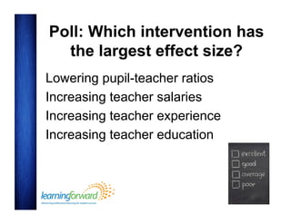 Poll: Which intervention has
the largest effect size?
Lowering pupil-teacher ratios
Increasing teacher salaries
Increasing teacher experience
Increasing teacher education

 