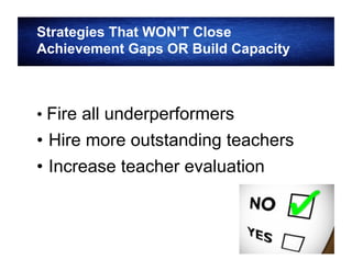 Strategies That WON’T Close
Achievement Gaps OR Build Capacity

• Fire all underperformers

•  Hire more outstanding teachers
•  Increase teacher evaluation

 