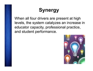 Synergy
When all four drivers are present at high
levels, the system catalyzes an increase in
educator capacity, professional practice,
and student performance.

 