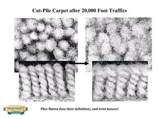 Cut-Pile Carpet after 20,000 Foot Traffics Plies flatten (lose their definition), and twist loosens! 