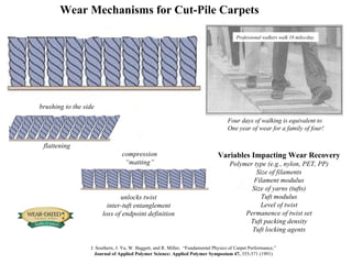 Wear Mechanisms for Cut-Pile Carpets J. Southern, J. Yu, W. Baggett, and R. Miller,  “Fundamental Physics of Carpet Performance,” Journal of Applied Polymer Science: Applied Polymer Symposium 47,  355-371 (1991) Professional walkers walk 18 miles/day. brushing to the side flattening compression “ matting” unlocks twist inter-tuft entanglement loss of endpoint definition Variables Impacting Wear Recovery Polymer type (e.g., nylon, PET, PP) Size of filaments Filament modulus Size of yarns (tufts) Tuft modulus Level of twist Permanence of twist set Tuft packing density Tuft locking agents Four days of walking is equivalent to One year of wear for a family of four! 
