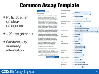 Common Assay Template
◈ Pulls together
ontology
categories
◈ ~22 assignments
◈ Captures key
summary
information
4
 