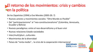El retorno de los movimientos: crisis y cambios
en la política
De los Zapatistas (1994) a Evo Morales (2005-20..?)
• Nuevo...