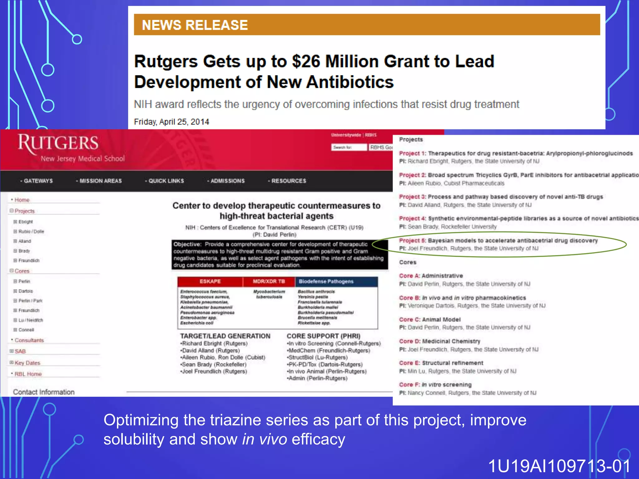 Optimizing the triazine series as part of this project, improve
solubility and show in vivo efficacy
1U19AI109713-01
 