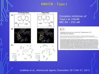 Complete inhibition of
Topo I at 100nM
MIC 60 – 250 uM
MM4TB – Topo I
Godbole et al., Antimicrob Agents Chemother 59:1549-...