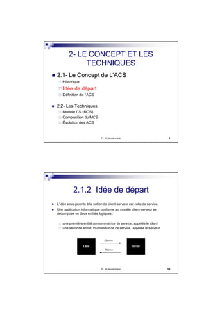 Pr M.Bendahmane 9
2- LE CONCEPT ET LES
TECHNIQUES
2.12.1-- Le Concept de LLe Concept de L’’ACSACS
Historique,
Idée de départ
Définition de l’ACS
2.2- Les Techniques
Modèle CS (MCS)
Composition du MCS
Évolution des ACS
Pr M.Bendahmane 10
2.1.2 Idée de départ
L’idée sous-jacente à la notion de client-serveur est celle de service.
Une application informatique conforme au modèle client-serveur se
décompose en deux entités logiques :
une première entité consommatrice de service, appelée le client
une seconde entité, fournisseur de ce service, appelée le serveur.
Serveur
Question
Réponse
Client
 