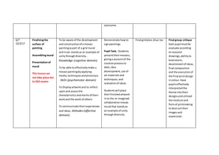 overcome.
6/7
15/2/17
Finalisingthe
surface of
painting
Assemblingmural
Presentationof
mural
This lessoncan
not take place dur
to SA2 exams
To be aware of the development
and constructionof a mosaic
paintingaspart of a grid mural
and itcan standsas an example of
unitythroughdiversity..
Knowledge (cognitive domain)
To be able toeffectivelymake a
mosaicpaintingbyapplying
media,techniquesandprocesses.
. Skills (psychomotor domain)
To Displayartwork and to reflect
uponand assessthe
characteristicsandmeritsof their
workand the work of others
To communicate theirexperiences
and ideas. Attitudes (affective
domain).
Demonstrate howto
signpaintings
Pupil Task; Students
presenttheirmosaics,
givinga accountof the
creative processto
date,idea
development,use of
art materialsand
techniques,and
realsationof ideas.
Studentswill place
theirfinishedartwork
into the re-imagined
collaborative mosaic
mural that standsas
an example of unity
throughdiversity
Final gridplan, blue-tac Final group critique
Each pupil mustbe
evaluate according
to research
drawings,abilityto
brainstorm,
develomentof ideas,
final composition
and the executionof
the final printdesign
incolour. Have
pupilseffectively
interpretedthe
theme intotheir
designsandutilized
the mediumand
formof printmaking
to bestsuittheir
imagesand
expression.
 