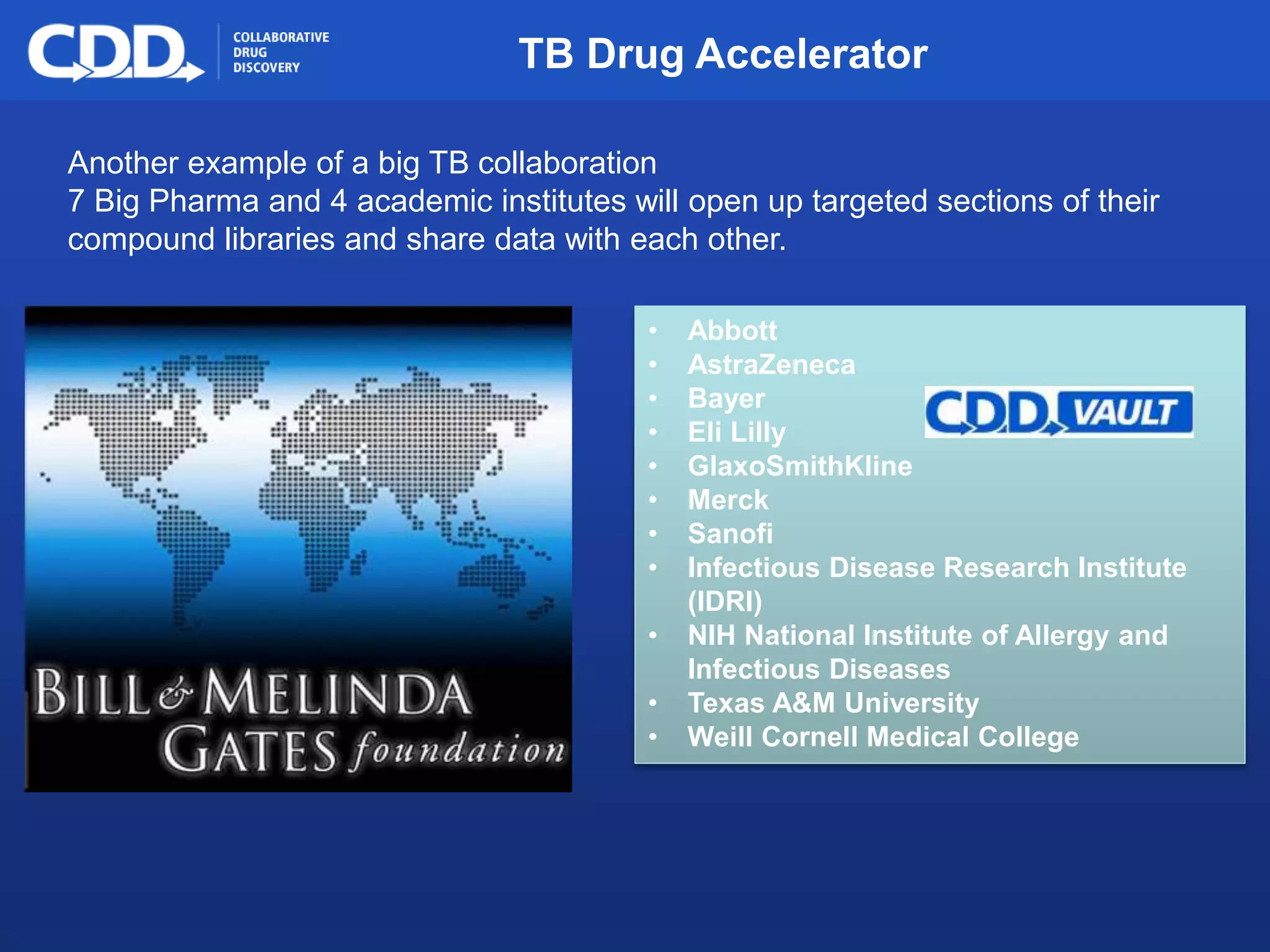 Archive, Mine, Collaborate© 2009 Collaborative Drug Discovery, Inc.
Another example of a big TB collaboration
7 Big Pharma and 4 academic institutes will open up targeted sections of their
compound libraries and share data with each other.
• Abbott
• AstraZeneca
• Bayer
• Eli Lilly
• GlaxoSmithKline
• Merck
• Sanofi
• Infectious Disease Research Institute
(IDRI)
• NIH National Institute of Allergy and
Infectious Diseases
• Texas A&M University
• Weill Cornell Medical College
TB Drug Accelerator
 